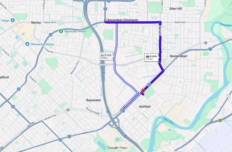 Map showing route from Ashfield to Bassendean Chiropractic at 254 Beechboro Rd Morley — approximately 5 minutes