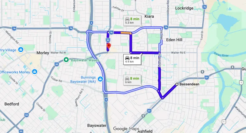 Map showing route from Bassendean to Bassendean Chiropractic at 254 Beechboro Rd Morley
