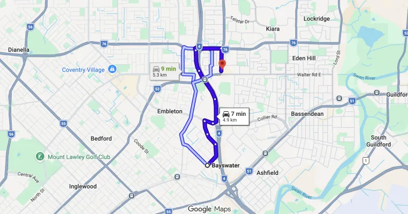 Map showing route from Bayswater to Bassendean Chiropractic at 254 Beechboro Rd Morley — approximately 7 minutes