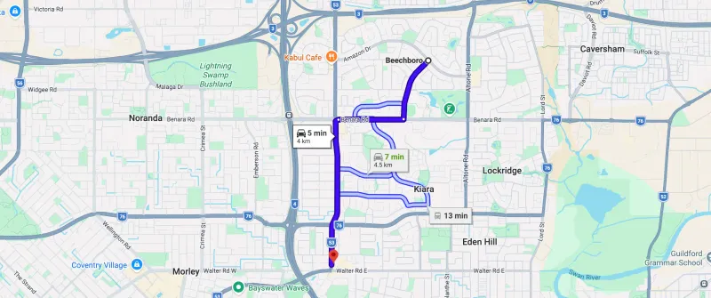Map showing route from Beechboro to Bassendean Chiropractic at 254 Beechboro Rd Morley — approximately 5 minutes