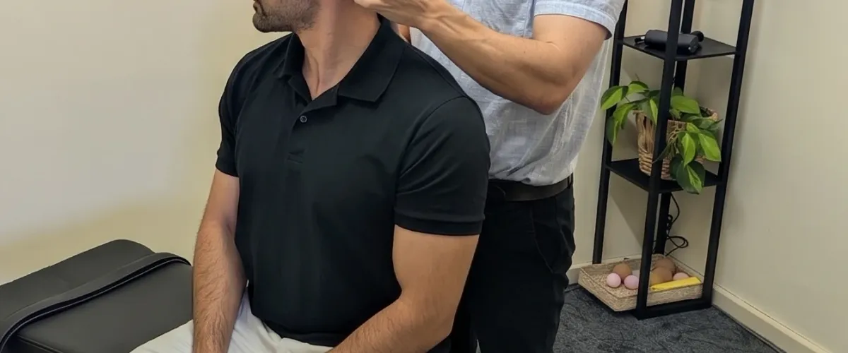 Dr Simon Hardy performing cervical range of motion assessment at Bassendean Chiropractic, Morley