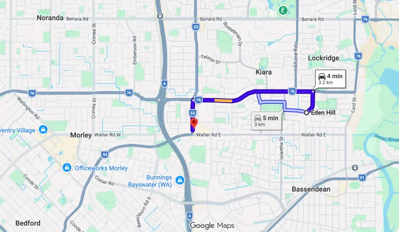 Map showing route from Eden Hill to Bassendean Chiropractic at 254 Beechboro Rd Morley — approximately 4 minutes