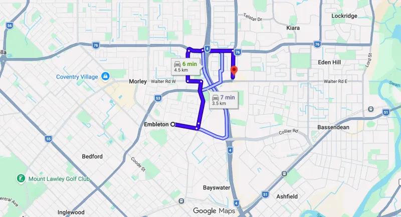 Map showing route from Embleton to Bassendean Chiropractic at 254 Beechboro Rd Morley — approximately 6 minutes