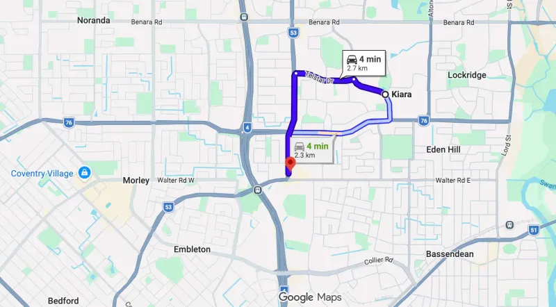 Map showing route from Kiara to Bassendean Chiropractic at 254 Beechboro Rd Morley — approximately 4 minutes