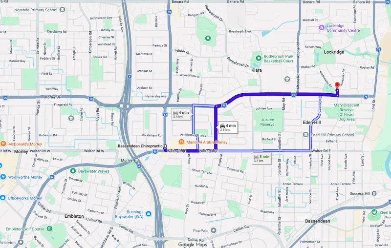 Map showing route from Lockridge to Bassendean Chiropractic at 254 Beechboro Rd Morley — approximately 4 minutes