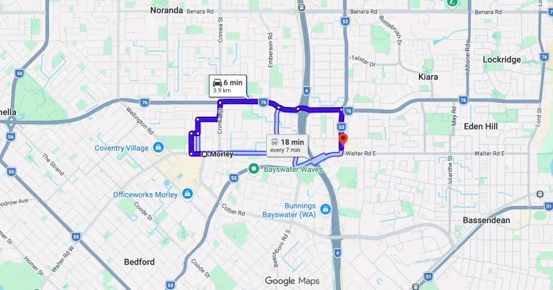 Map showing route from Morley to Bassendean Chiropractic at 254 Beechboro Rd Morley — approximately on site