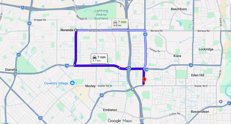 Map showing route from Noranda to Bassendean Chiropractic at 254 Beechboro Rd Morley — approximately 7 minutes